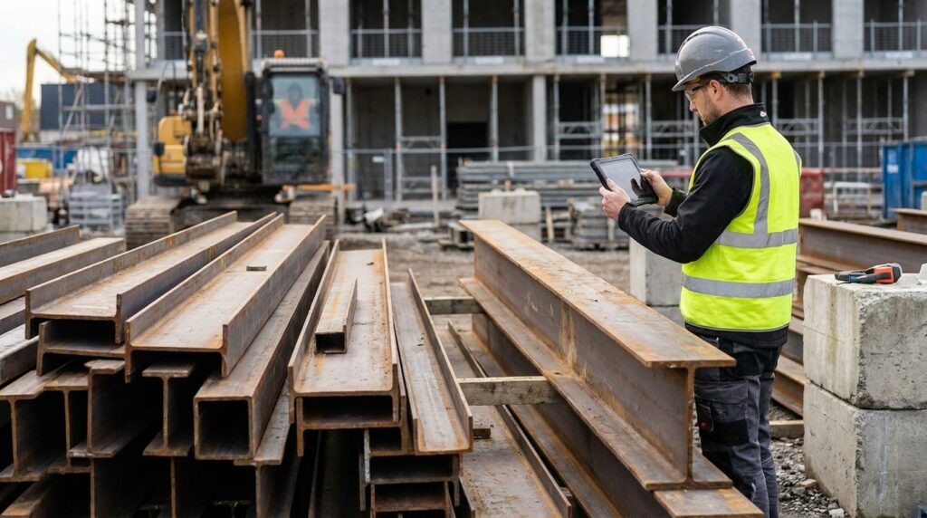 Poutres en acier de réemploi inspectées et tracées sur un chantier de construction circulaire