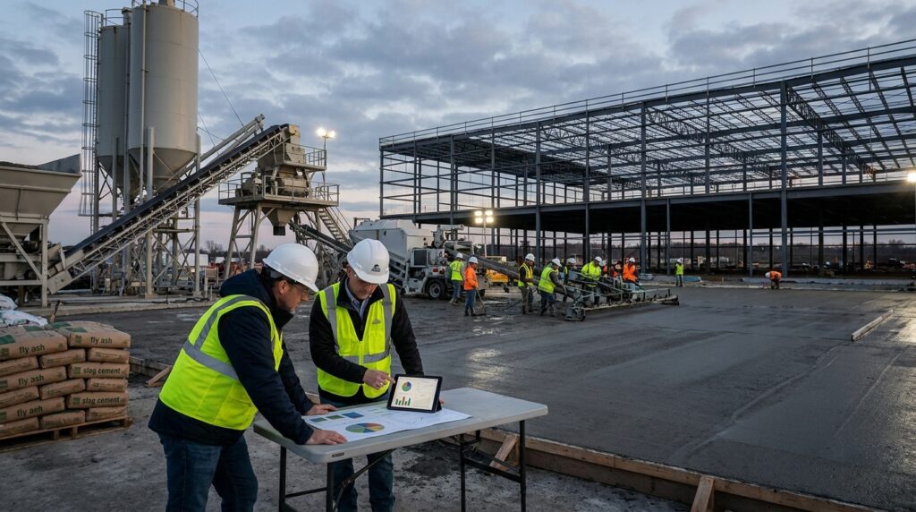 Formulation de béton bas carbone sur un chantier de data center avec centrale, laboratoire et ambiance éditoriale réaliste