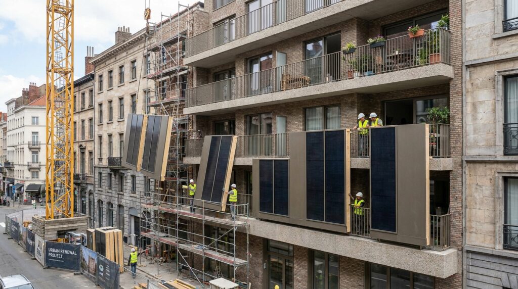 Façade préfabriquée en rénovation énergétique hors-site sur immeuble collectif