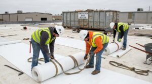 Dépose et tri de membranes PVC sur une toiture plate en rénovation pour recyclage