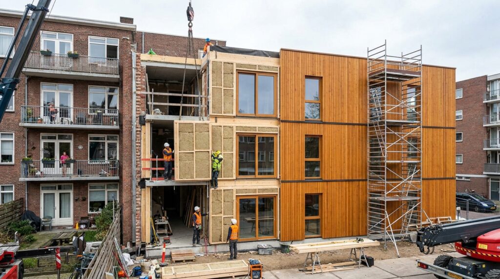 Rénovation biobasée d'un immeuble collectif avec éléments de façade préfabriqués et matériaux biosourcés