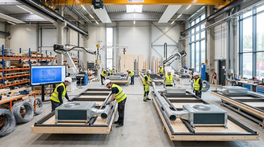Module de façade technique assemblé en atelier pour un bâtiment tertiaire hors-site
