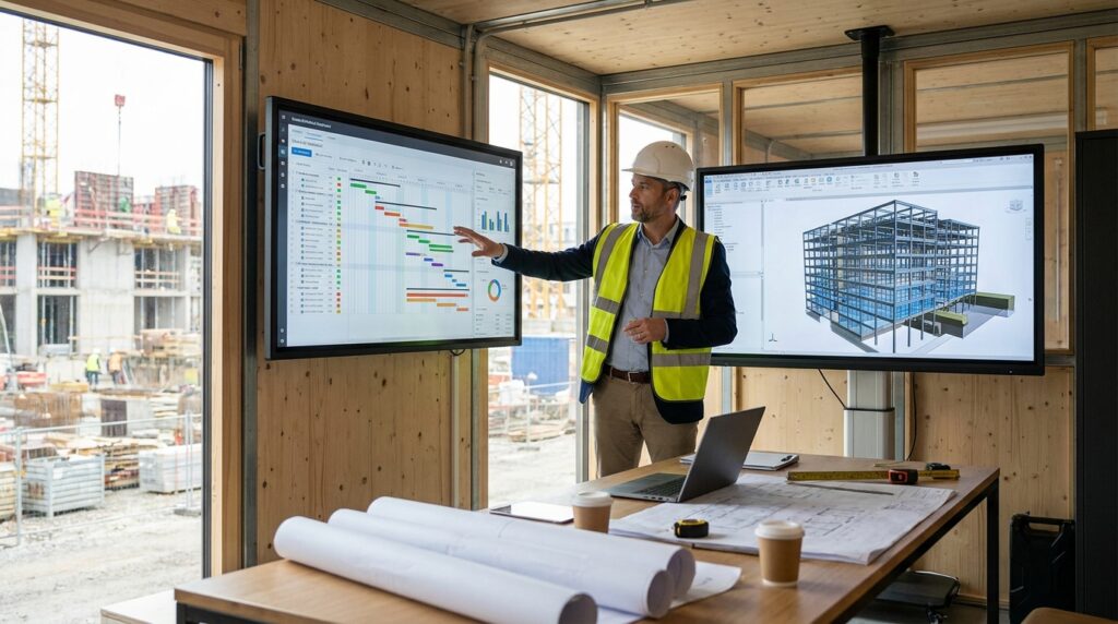 Chef de projet BTP analysant un planning génératif sur écran devant une maquette numérique de chantier