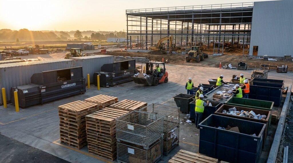 Plateforme de tri matière sur un grand chantier avec bennes dédiées, palettes bois, plastique et signalétique de recyclage