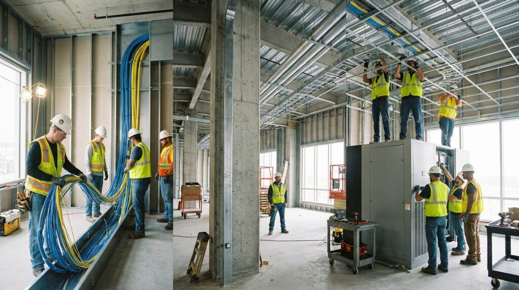Chantier de data center haute technicité avec techniciens fibre et lots électriques en environnement industriel