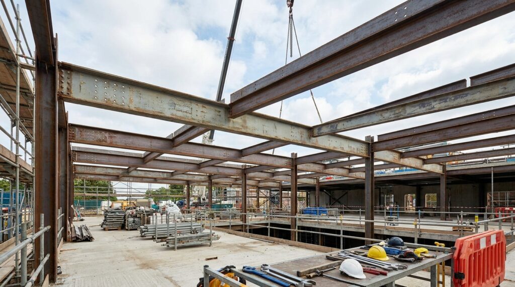 Structure acier réemployée sur un chantier contemporain avec poutres apparentes et ambiance de chantier maîtrisée