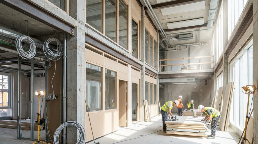 Intérieur de bâtiment modulable avec cloisons démontables, structure apparente et espaces adaptables