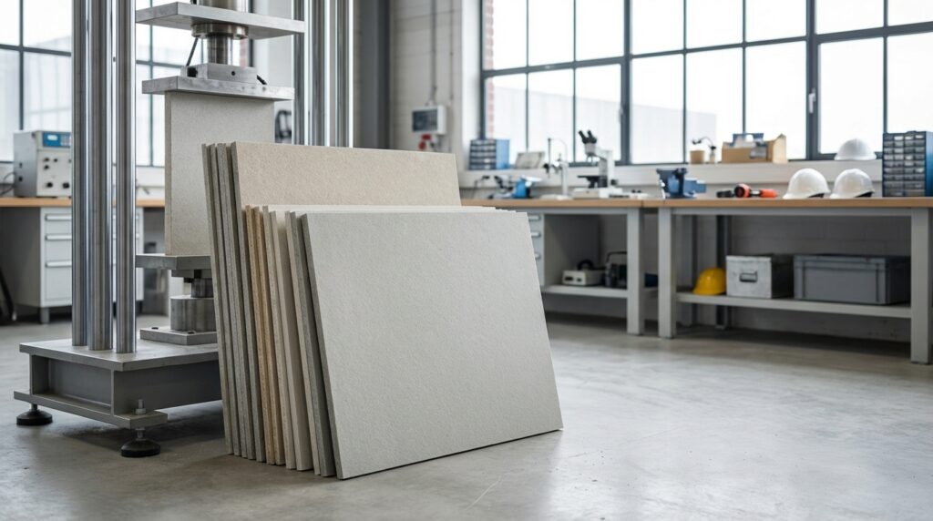 Panneau intérieur technique à base de sciure minéralisée dans un environnement de chantier propre