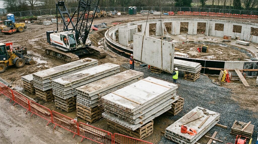 Déconstruction sélective d’un bâtiment en béton préfabriqué avec dalles et voiles stockés pour réemploi sur un chantier circulaire