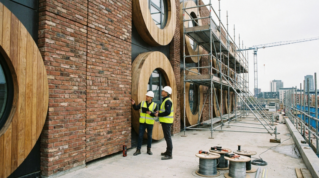 Façade contemporaine en matériaux circulaires avec contrôle qualité sur chantier