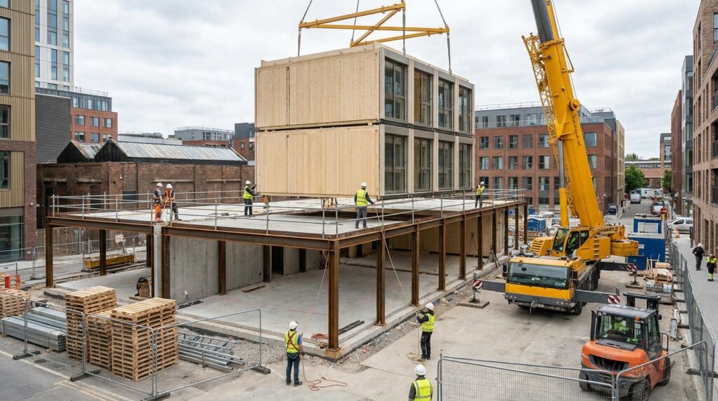 Construction modulaire hors-site avec modules préfabriqués levés par grue sur chantier résidentiel