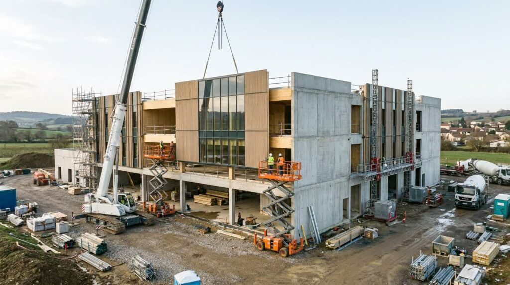 Pose de façades préfabriquées sur un chantier de campus bas carbone
