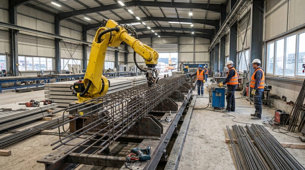 Ferraillage robotisé en atelier de préfabrication béton avec bras automatisé et cages d’armature complexes