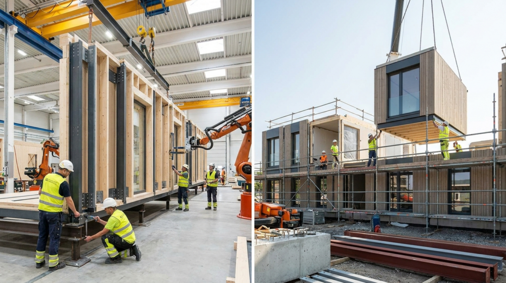 Construction modulaire en usine avec modules assemblés et interfaces techniques standardisées