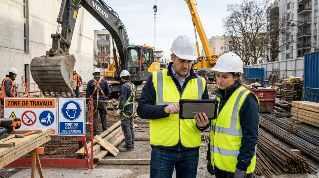 Chef de chantier consultant un assistant de sécurité sur tablette au milieu d’un chantier actif avec engins et compagnons en arrière-plan