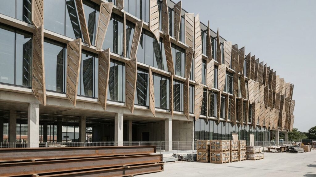 Façade bio-inspirée sur bâtiment contemporain avec protections solaires adaptatives et enveloppe performante