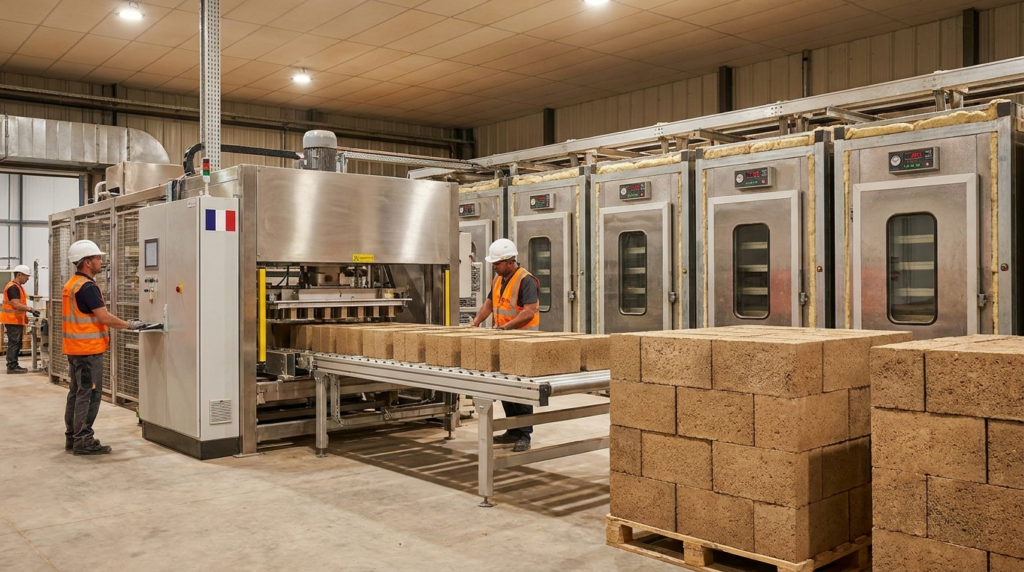 Blocs béton sans ciment sur une ligne de production industrielle pour la construction bas carbone