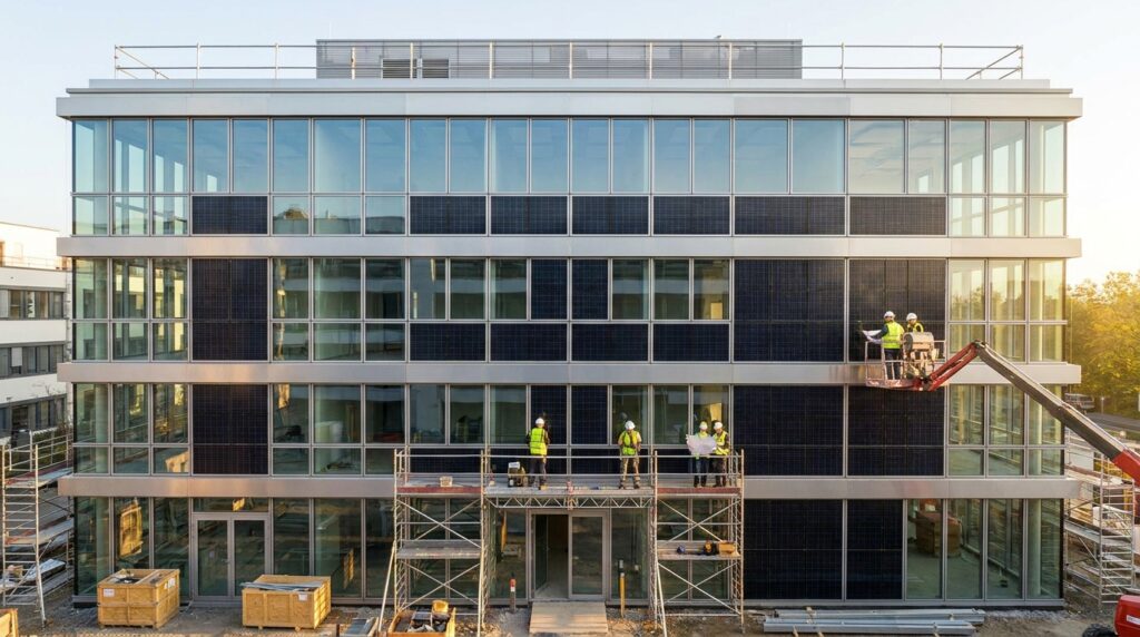 Façade solaire BIPV intégrée sur un bâtiment tertiaire en rénovation