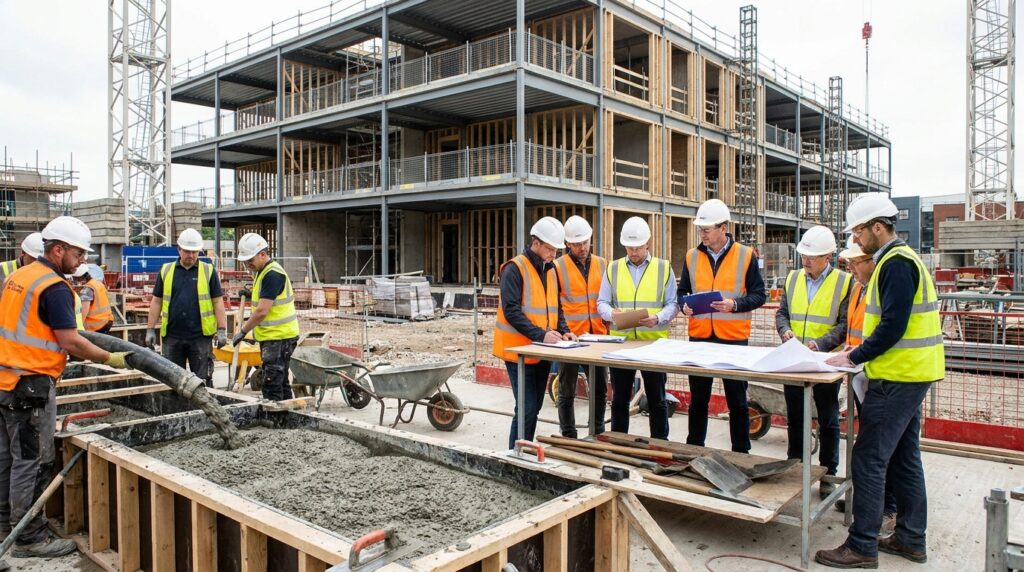 Ingénieurs et professionnels du bâtiment analysant une formulation de béton bas carbone sur chantier