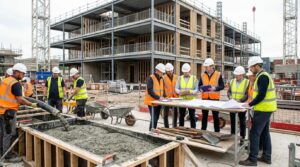 Ingénieurs et professionnels du bâtiment analysant une formulation de béton bas carbone sur chantier