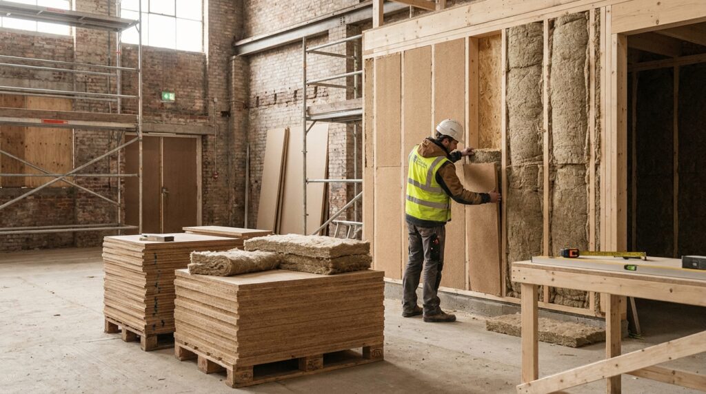 Isolants biosourcés sur chantier de rénovation : panneaux en fibre de bois, solutions chanvre et enveloppe performante.