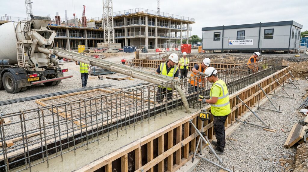 Béton bas carbone coulé sur un chantier technique avec coffrage, armatures et équipe de mise en œuvre, rendu éditorial réaliste.