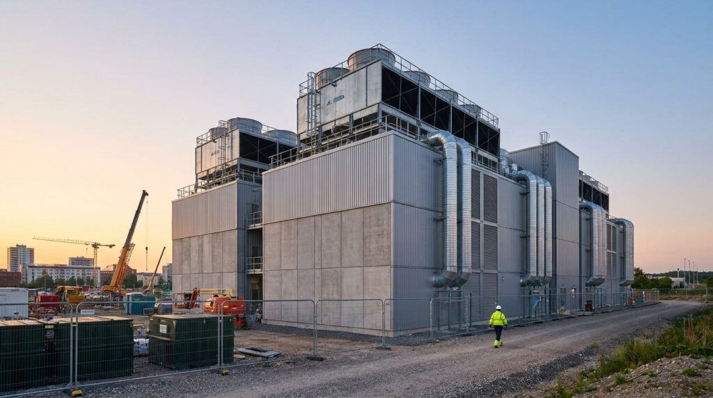 Data center modulaire avec équipements de refroidissement en toiture et architecture industrielle réaliste