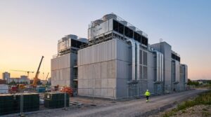 Data center modulaire avec équipements de refroidissement en toiture et architecture industrielle réaliste