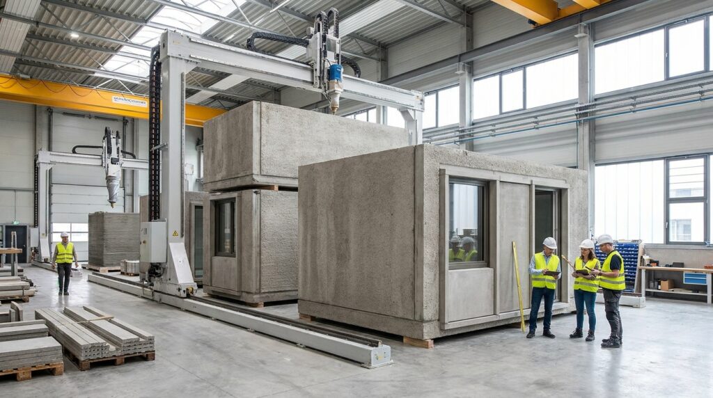 Modules de logement collectif imprimés en 3D dans un atelier hors-site, en cours d’assemblage.