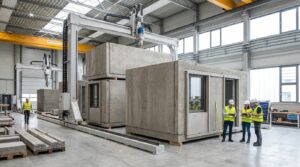 Modules de logement collectif imprimés en 3D dans un atelier hors-site, en cours d’assemblage.