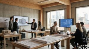 Service d’instruction des permis sur écran avec maquette numérique et plan de bâtiment dans un contexte construction