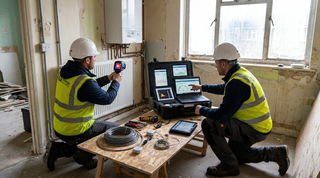 Technicien analysant des données de monitoring énergétique dans un immeuble résidentiel en rénovation