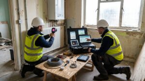 Technicien analysant des données de monitoring énergétique dans un immeuble résidentiel en rénovation