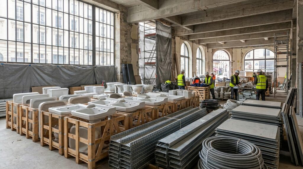 Réemploi bâtiment sur chantier avec composants déposés, triés et préparés pour une seconde vie