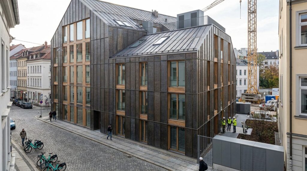 Façade thermique active intégrée à un immeuble résidentiel contemporain pour alimenter une pompe à chaleur.