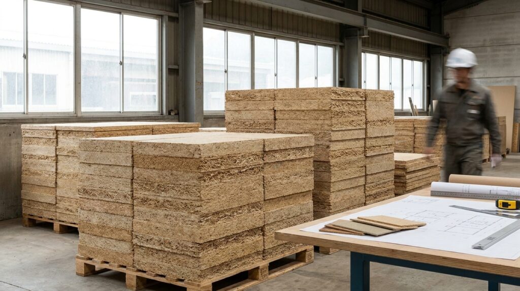 Panneaux biosourcés en bagasse de canne à sucre dans un environnement de construction contemporain