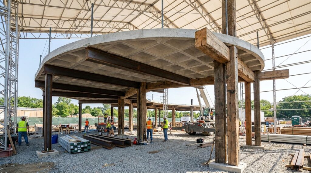 Structure hybride bas carbone avec dalle optimisée, acier réemployé et poutres bois locales