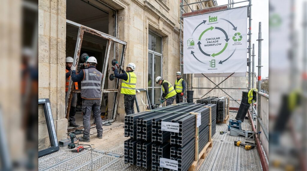 Dépose sélective de menuiseries aluminium sur un chantier de rénovation avec nouveaux profilés bas carbone prêts à être posés