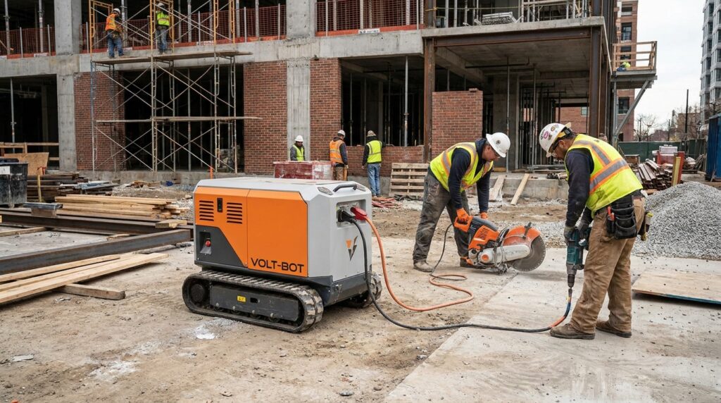 Batterie mobile autonome alimentant des outils sur un chantier urbain