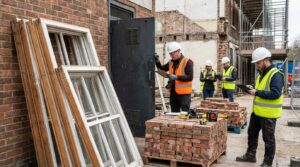 Un diagnostic de réemploi sur chantier avec fenêtres déposées, briques triées et porte technique en inspection, ambiance éditoriale bâtiment