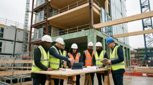 Équipe projet sur chantier bas carbone analysant matériaux structurels et coûts dans un bâtiment contemporain