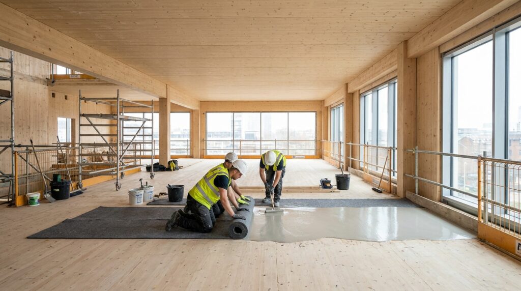 Plancher bois massif en chantier avec couche acoustique légère et mise en oeuvre technique