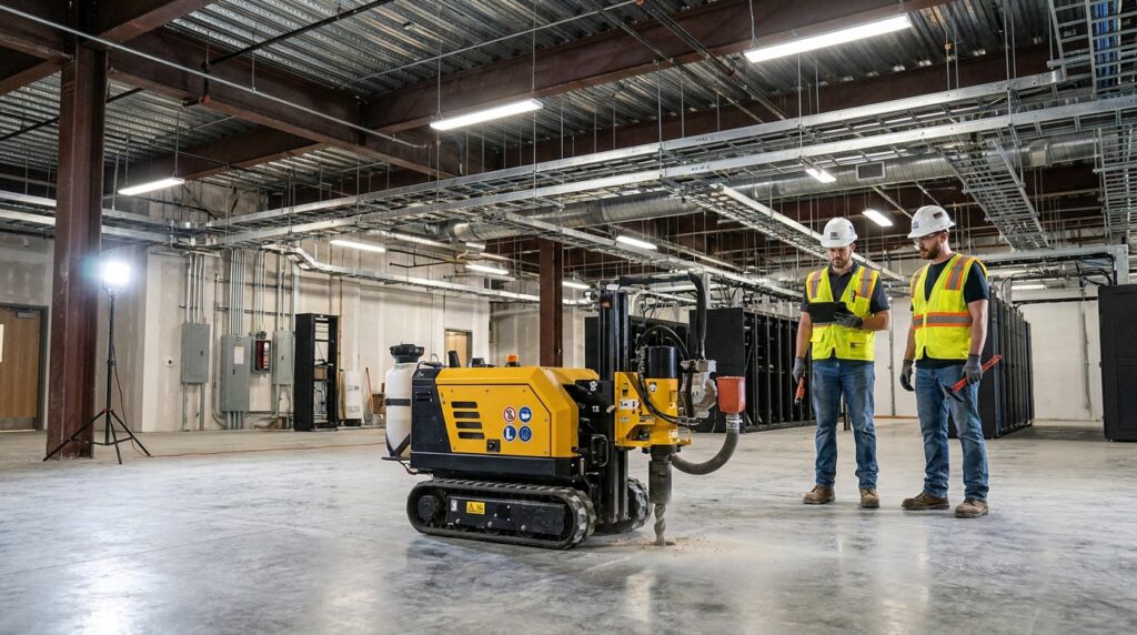 Robot de perçage autonome sur dalle béton dans un chantier technique de data center