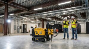 Robot de perçage autonome sur dalle béton dans un chantier technique de data center