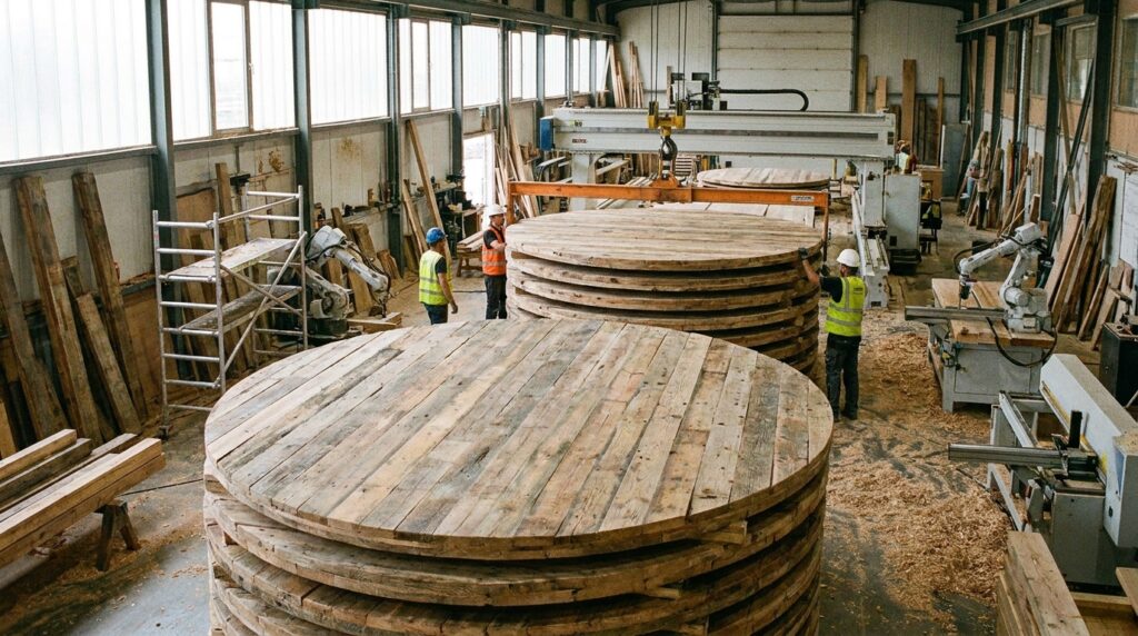 Panneaux CLT circulaires fabriqués à partir de bois de réemploi dans un atelier de construction bois