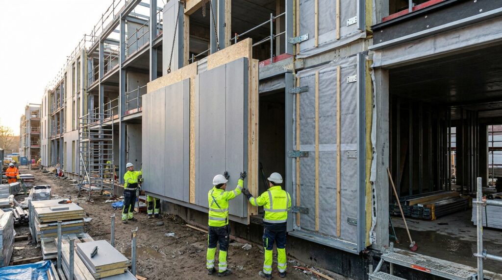 Façade préfabriquée d’un bâtiment hors-site en cours d’assemblage avec enveloppe performante