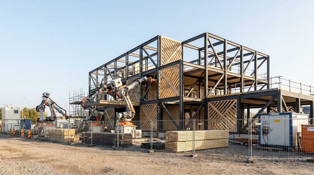 Robot assemblant une structure de blocs modulaires sur un chantier industrialisé