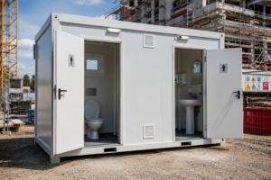 Bungalow WC de chantier modulaire installé sur un chantier de construction avec sanitaires intégrés.