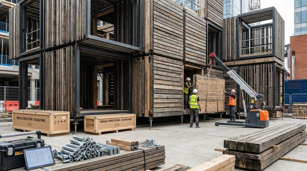 Structure modulaire démontable en bois et métal conçue pour être réassemblée dans un contexte de bâtiment circulaire
