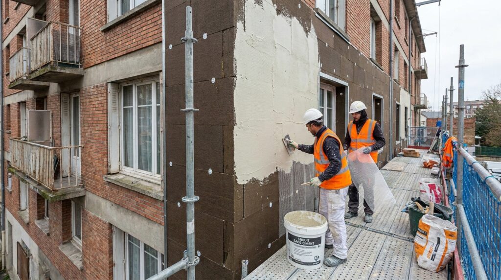Application d’un système d’ITE bas carbone avec sous-enduit sans ciment sur une façade de rénovation en logement collectif
